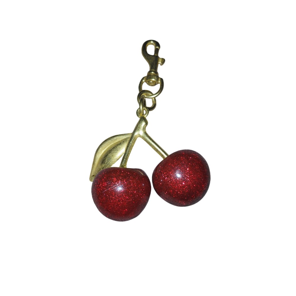 Red Glitter Cherry Bag Charm Gold Tone Fruit Keychain Lobster Clasp Accessory
